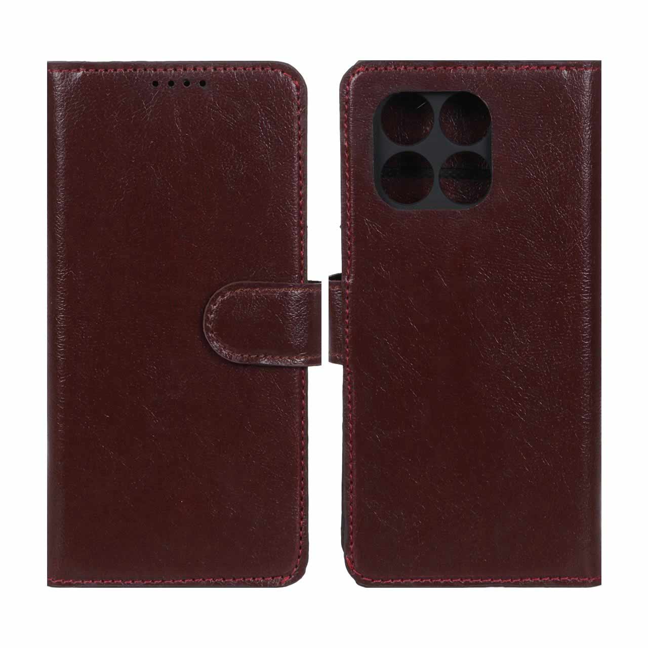 کیف موبایل چرمی مگنتی محافظ لنزدار Xiaomi Poco X6 Pro 5G / Redmi K70E - زرشکی