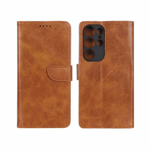 کیف چرمی موبایل مگنتی محافظ لنزدار Samsung Galaxy S25 Ultra - عسلی